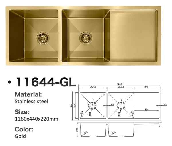 11644-GL Honeycomb Stainless Steel Double Bowl Sink with Right Drainer