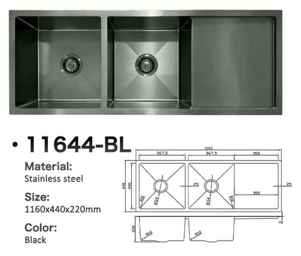 11644-BL Honeycomb Stainless Steel Double Bowl Sink with Right Drainer