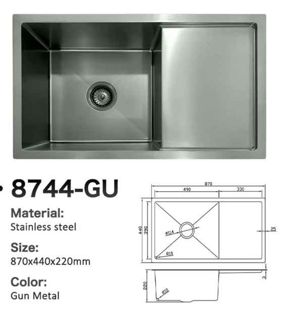 8744-GU Stainless Steel Large Single Bowl Sink with Right Drainer