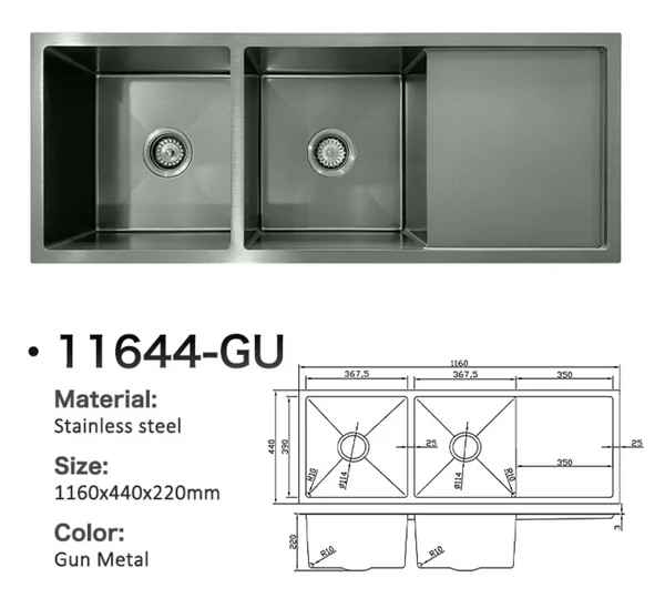 11644-GU Stainless Steel Double Bowl Sink with Right Drainer