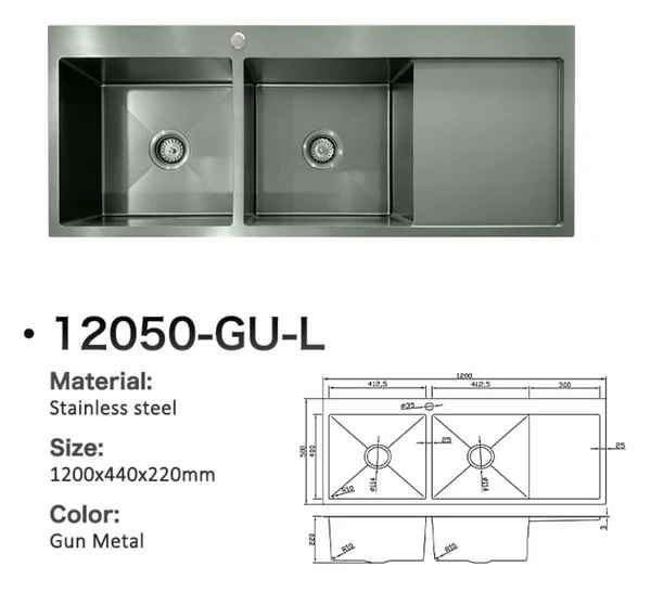 12050-GU-L Stainless Steel Double Bowl Sink with Right Drainer