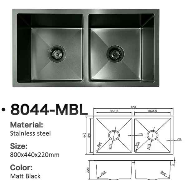 8044-MBL Stainless Steel Double Bowl Sink