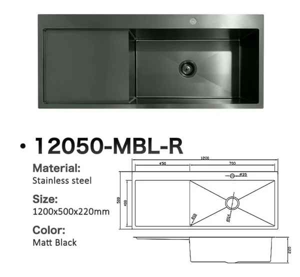 12050-MBL-R Stainless Steel Single Bowl Sink with Left Drainer