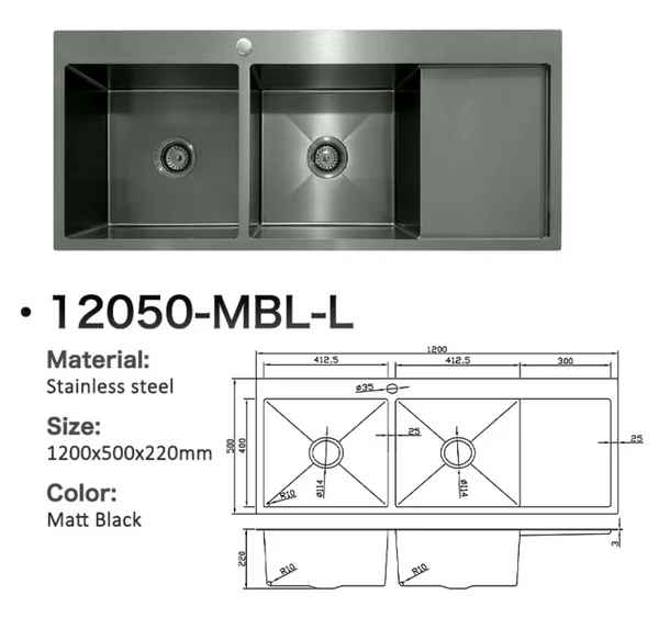 12050-MBL-L Stainless Steel Double Bowl Sink with Right Drainer
