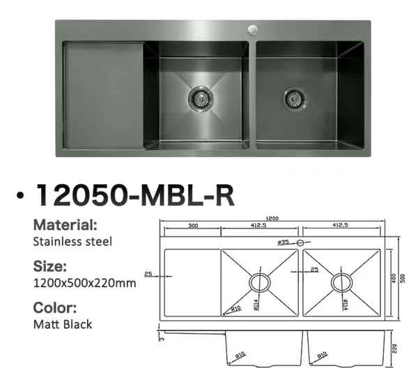 12050-MBL-R Stainless Steel Double Bowl Sink with Left Drainer