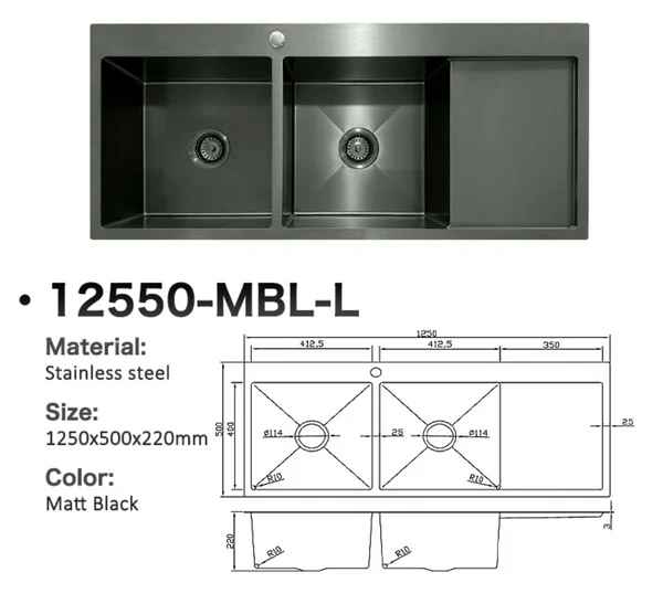 12550-MBL-L Stainless Steel Double Bowl Sink with Right Drainer