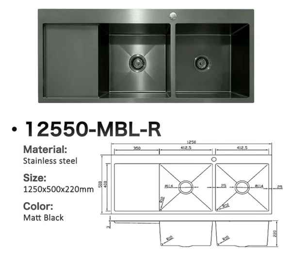 12550-MBL-R Stainless Steel Double Bowl Sink with Left Drainer
