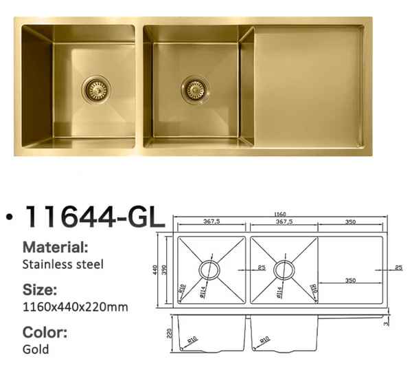 11644-GL Double Bowl Stainless Steel Sink with Right Drainer