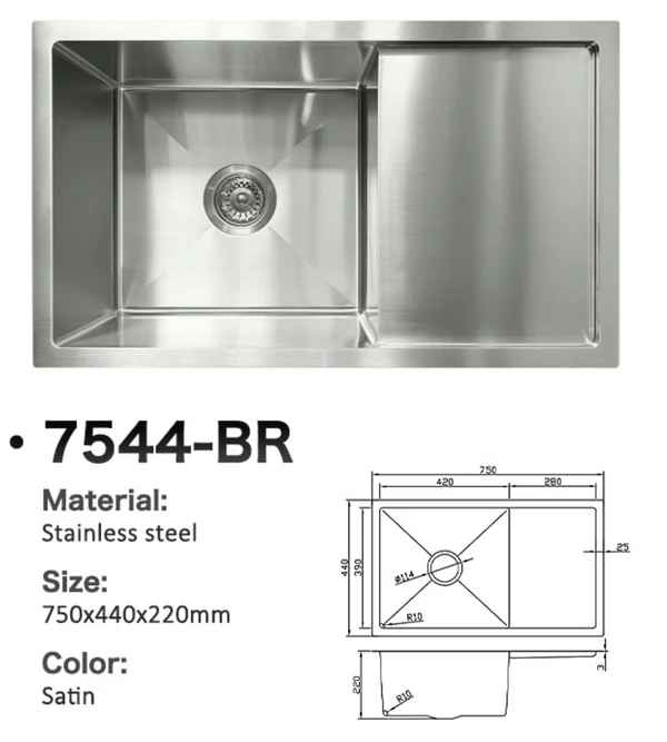 7544-BR Stainless Steel Single Bowl Sink with Right Drainer