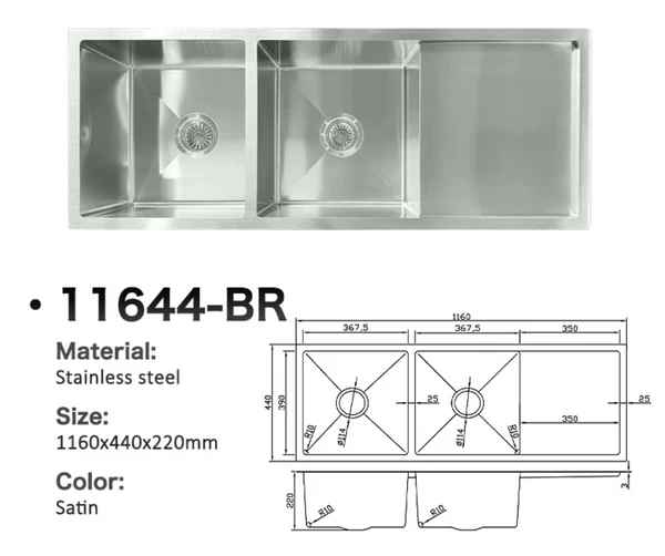 11644-BR Stainless Steel Double Bowl Sink with Right Drainer