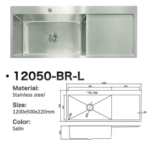 12050-BR-L Stainless Steel Single Bowl Sink with Right Drainer, Left Bowl