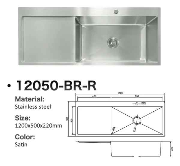 12050-BR-R Stainless Steel Single Bowl Sink with Left Drainer
