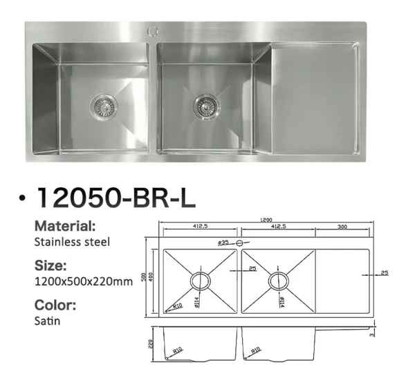 12050-BR-L Stainless Steel Double Bowl Sink with Right Drainer