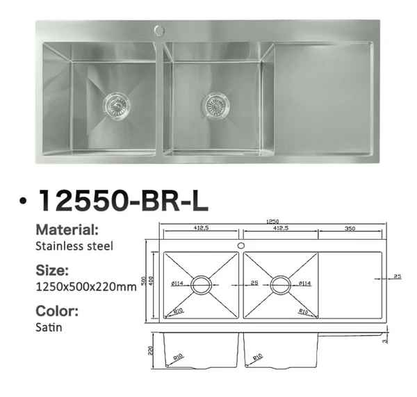 12550-BR-L Stainless Steel Double Bowl Sink with Right Drainer
