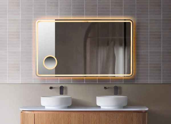 Brushed Gold Framed Rectangular LED Mirror with Magnifier